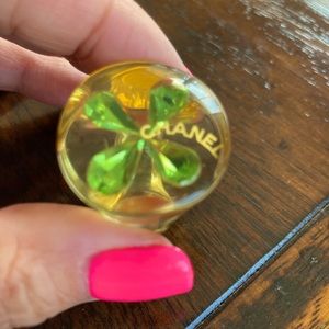 CHANEL Lucky clover Ring. Costume Jewelry!!! Pale yellow with green clover 🍀